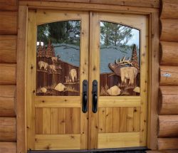 #29 Dbl. sided plank & panel dbl. door w/ elk herd & etched glass (cedar)