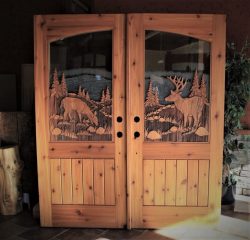 #48 Dbl sided plank & panel dbl door w/ deer & etched glass (cedar)