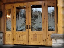 #32 Double doors w/sidelites & custom etched glass, knotty cedar