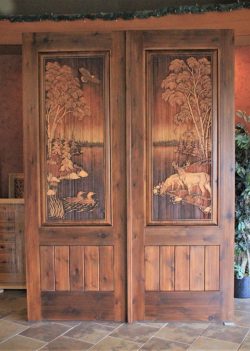 #53 Plank and panel DBL door w/ deer & loons (alder)