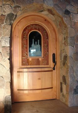 #6 Arched wine cellar door w/plank & etched glass (fir)