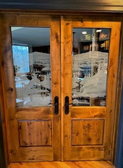 #43 Double doors w. custom etched glass, knotty alder