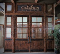 #40 Dbl. doors w/sidelites & transom custom distress, obscure glass & handforged straps/clavos (alder)