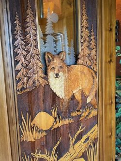 #63 Custom etched glass in dbl. sided fox door
