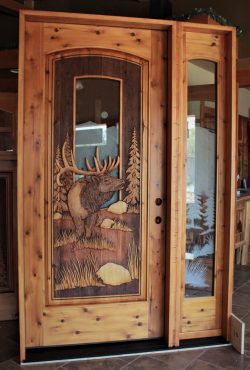 #82 Double sided elk door w/etched glass sidelite (cedar)