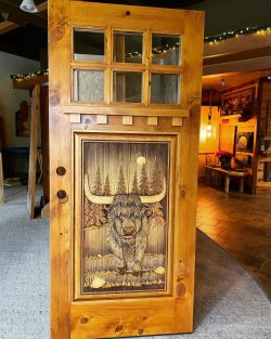 #87 6-lite door w/ ledge highland cow carving (alder)