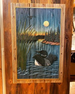 #64 Loon/Lake carving for a "barn" door